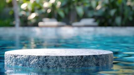 Stone podium stand in luxury blue pool water Summer background of tropical design product placement display Hotel resort poolside backdrop : Generative AI