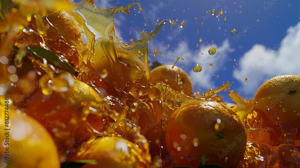 Poster a splash of orange juice is poured over a pile of oranges. the oranges are scattered all over the ta