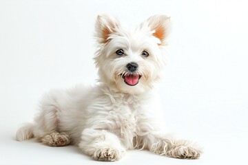 Featuring a adorable white dog sitting with his tongue out, sitting down with white background
