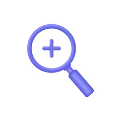 3D Magnifying glass icon with plus mark. Trendy and modern vector in 3d style