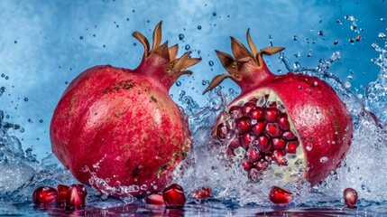 Pomegranates burst in vibrant red splash against clear blue background, seeds scatter dynamically; symbolizes freshness and vitality.