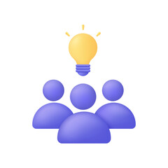 3D Business community with light bulb. People with creative idea. Meeting group, partnership concept. Trendy and modern vector in 3d style