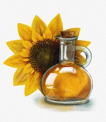 jug with vegetable oil and sunflower on background watercolor illustration