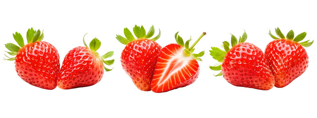 Bright red strawberries with green leaves, isolated on white background. Each berry is in focus, showcasing its seeds and texture. Some are whole, others are cut, revealing juicy interiors