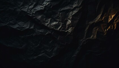 heavy crumpled black paper texture in low light background