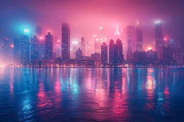 A futuristic cityscape at night, illuminated neon lights and skyscrapers, with the buildings reflecting in the water below. 