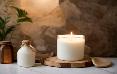 Relaxing spa scene with lit candle, skincare products, wooden elements, soft lighting, peaceful ambiance, wellness setting