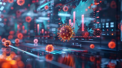 Holographic display of a global health presentation, with a rising graph showing the decrease in disease outbreaks due to vaccinations