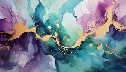 watercolor splats with an effect of rainbow colors and gold in the style of light teal and dark violet textured canvas whimsical dreamscapes generative ai