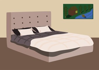 Wood double Bed. Illustration of a cartoon wooden bed with pillows and blanket