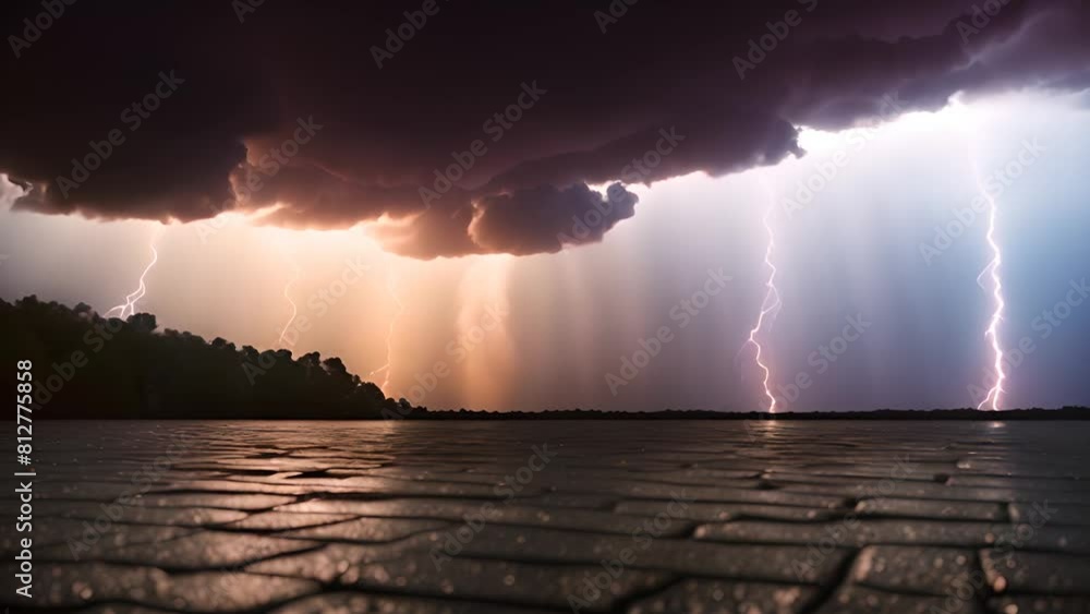 Poster lightning strikes over a lake with trees generative ai