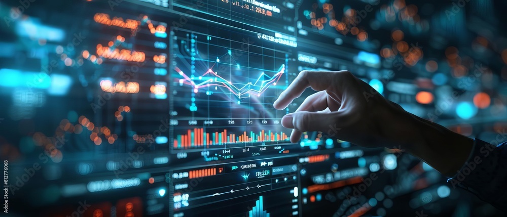 Poster 3d animated hologram of a financial analyst presenting a rising graph, illustrating investment retur