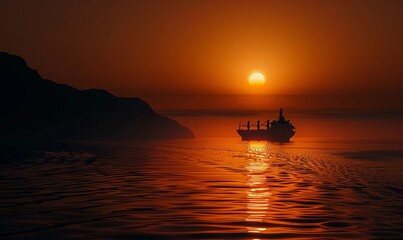 The glowing orange sun appears to be resting on the horizon, its reflection stretching across the calm waters. A silhouetted ship or island can be seen in the distance