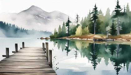 a peaceful watercolor of a lakeside with a dock and trees ai generative