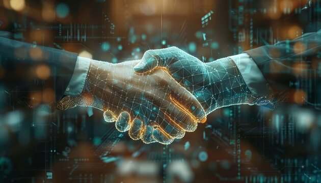 3D animated hologram of a business handshake, sealing a deal with digital contracts and signatures floating in the background