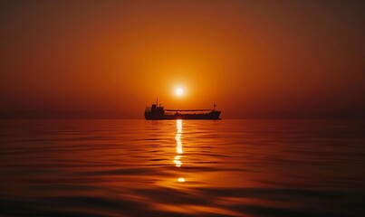 The glowing orange sun appears to be resting on the horizon, its reflection stretching across the calm waters. A silhouetted ship can be seen in the distance