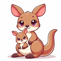 A cute cartoon kangaroo holding a baby kangaroo