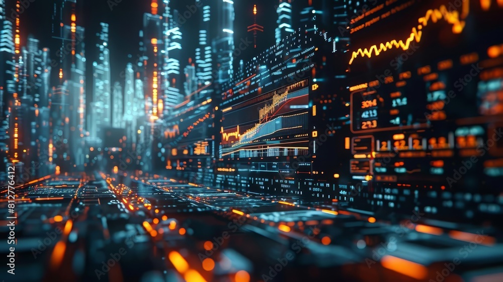 Poster 3D animated hologram of realtime stock market data, with floating charts and numbers updating dynamically around a financial analyst