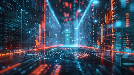 3D animated hologram of realtime stock market data, with floating charts and numbers updating dynamically around a financial analyst