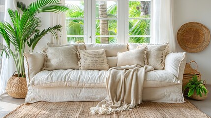 A living room with a white couch and various plants placed around the room, creating a fresh and modern atmosphere