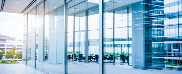 Blurred glass wall of modern business office building, business center, blur corporate business office background. Panoramic and perspective wide banner