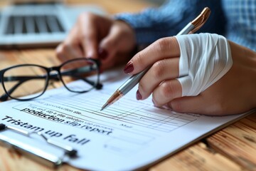 Female workers are filling in hand injury reports,Disability benefits