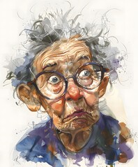 Elderly Lady's Surprised Watercolor Portrait