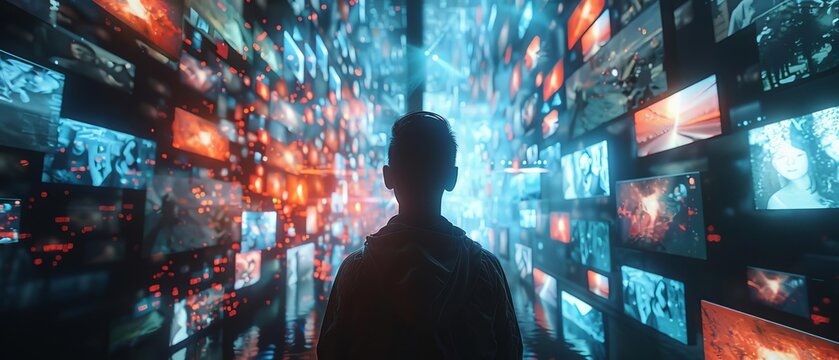 Animated holographic sequence of a networking event at a film festival, with clips of showcased films floating around the filmmakers