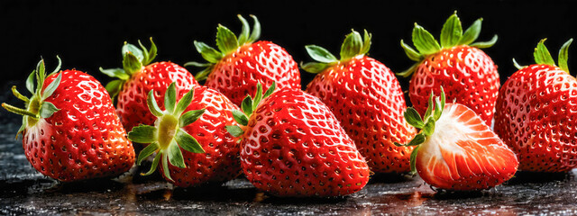 Bright red strawberries on a dark wet surface, showing freshness and juiciness. One berry is cut open, revealing its interior