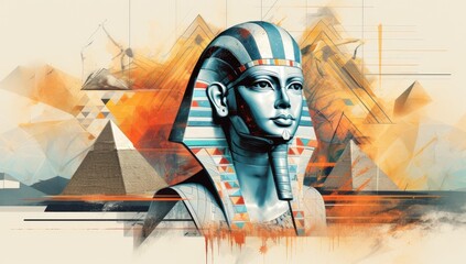 A woman with a headdress stands in front of the pyramids of Egypt. The image is a colorful and abstract representation of the ancient civilization