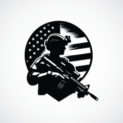 Soldier Silhouette with American Flag - Vector File

 A monochromatic silhouette of a soldier profile set against an American flag background. Ideal for projects requiring patriotic symbols.