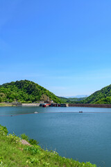 白川湖 青空と残雪と新緑の水没林
