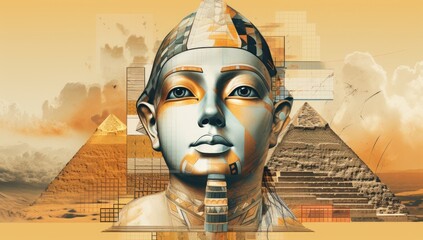 A woman with a headdress stands in front of the pyramids of Egypt