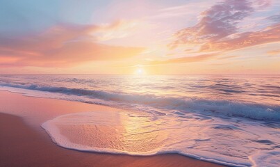 beach scene during sunset. The sandy shore meets the calm ocean waters, while the sky is painted with hues of orange, pink, and purple