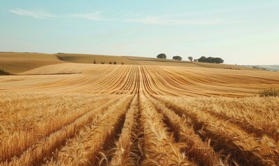 a peaceful rural landscape with fields of golden wheat or grain stretching out as far as the eye can see. The rows of crops have been neatly harvested