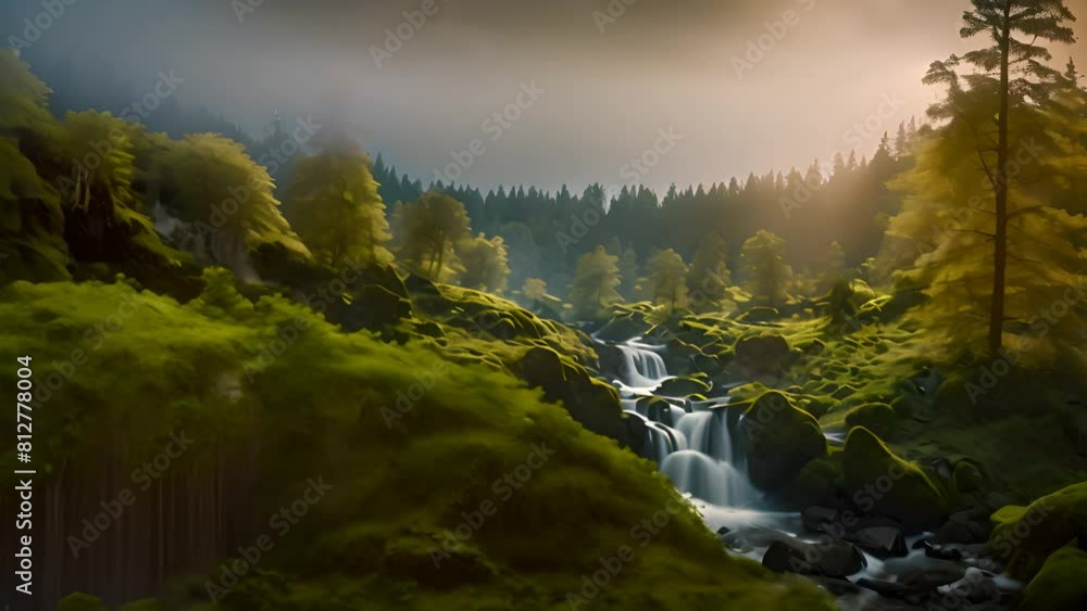 Poster waterfall cascading in forest night generative ai