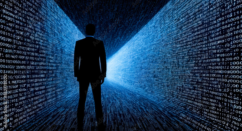 Poster silhouette of person standing amidst glowing blue digital data streams. represents technology, cyber