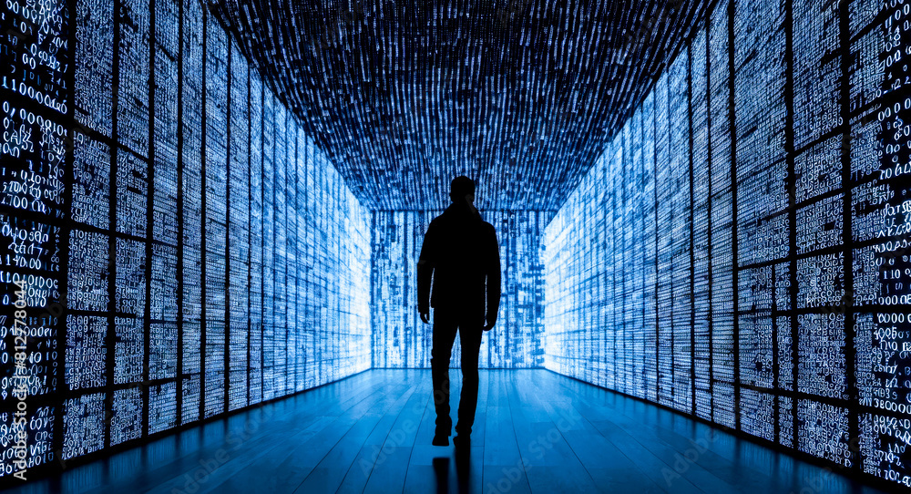 Poster lone figure illuminated by radiant lines of binary code in dark setting. symbolizes intersection of 
