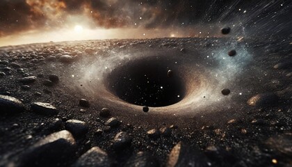 close up of a black holes event horizon stones and cosmic dust spiraling into infinity