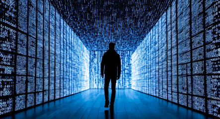 Lone figure illuminated by radiant lines of binary code in dark setting. Symbolizes intersection of humanity and digital world. Glowing streams of data surround person, technology and cybersecurity