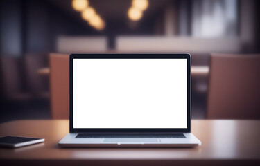 Fototapeta premium Laptop blank screen on wood table with coffee cafe background, mockup, template for your text, Clipping paths included for background and device screen