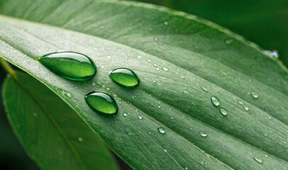 Beautiful large drop in soft light, nature, selective focus. Drops of clean transparent water on leaves. Image in green tones. Spring summer natural background.