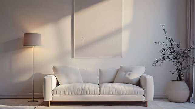 Beautiful living room with sofa , empty mockup poster frame.Home interiror design template.