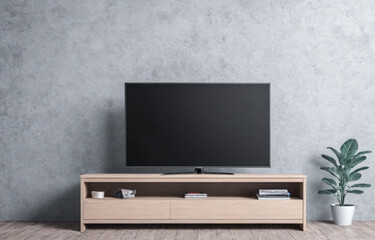 Stylish Apartment Interior with TV Set with Black Screen MockUp Display Standing on Television Stand. Empty Living Room at Home