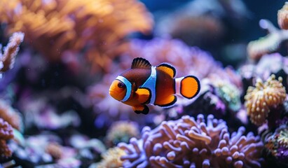 A vibrant coral reef scene with an orange and white striped butterfly fish swimming among colorful corals.
