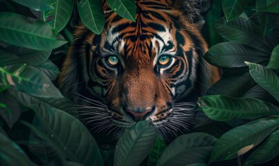 fierce-looking tiger's face peering out from a background of lush green foliage. The tiger's eyes are piercing and intense, and its striped fur is beautifully detailed