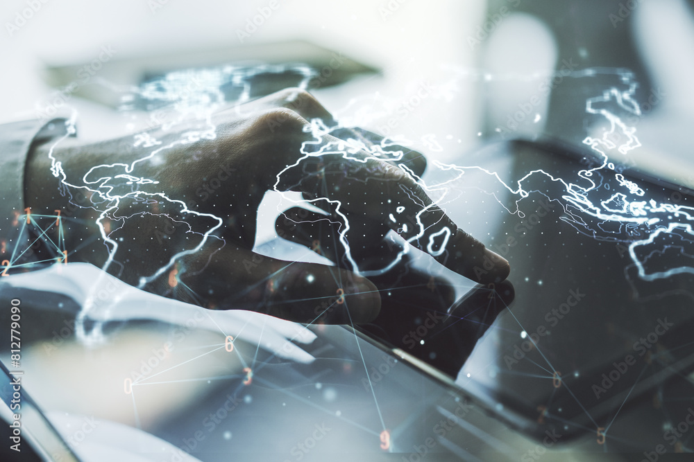 Aufkleber Multi exposure of abstract graphic world map and hand working with a digital tablet on background, connection and communication concept