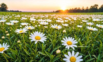 Sunset on field of daisies. White petals and yellow centers stand out against green stems and leaves. Scene of tranquil beauty unfolds under soft colors of evening sky
