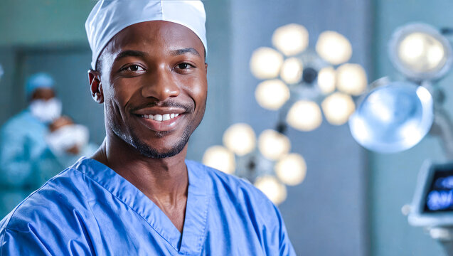 african american surgeon in operating room. surgeon is wearing blue scrubs and head cap. Bright surgical lights illuminate on background - Powered by Adobe