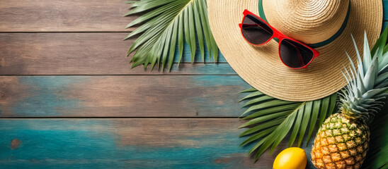 Summer vacation banner. straw hat, sunglasses, palm branches, and pineapple on wooden background. Top view with wide composition and copy space